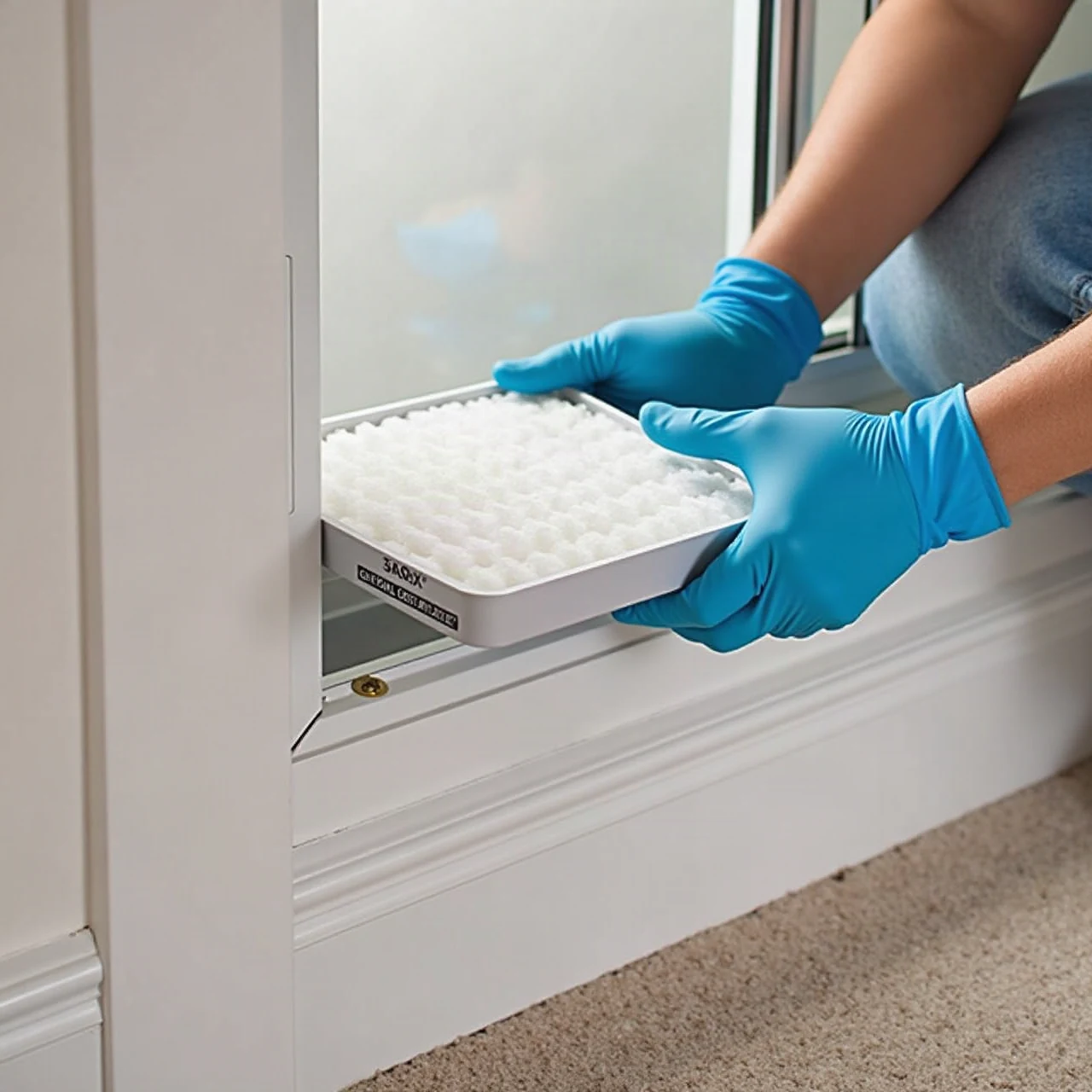 Photograph of a technician's gloved hands replacing a pleated air filter in a residential HVAC return vent, close and clean, no text