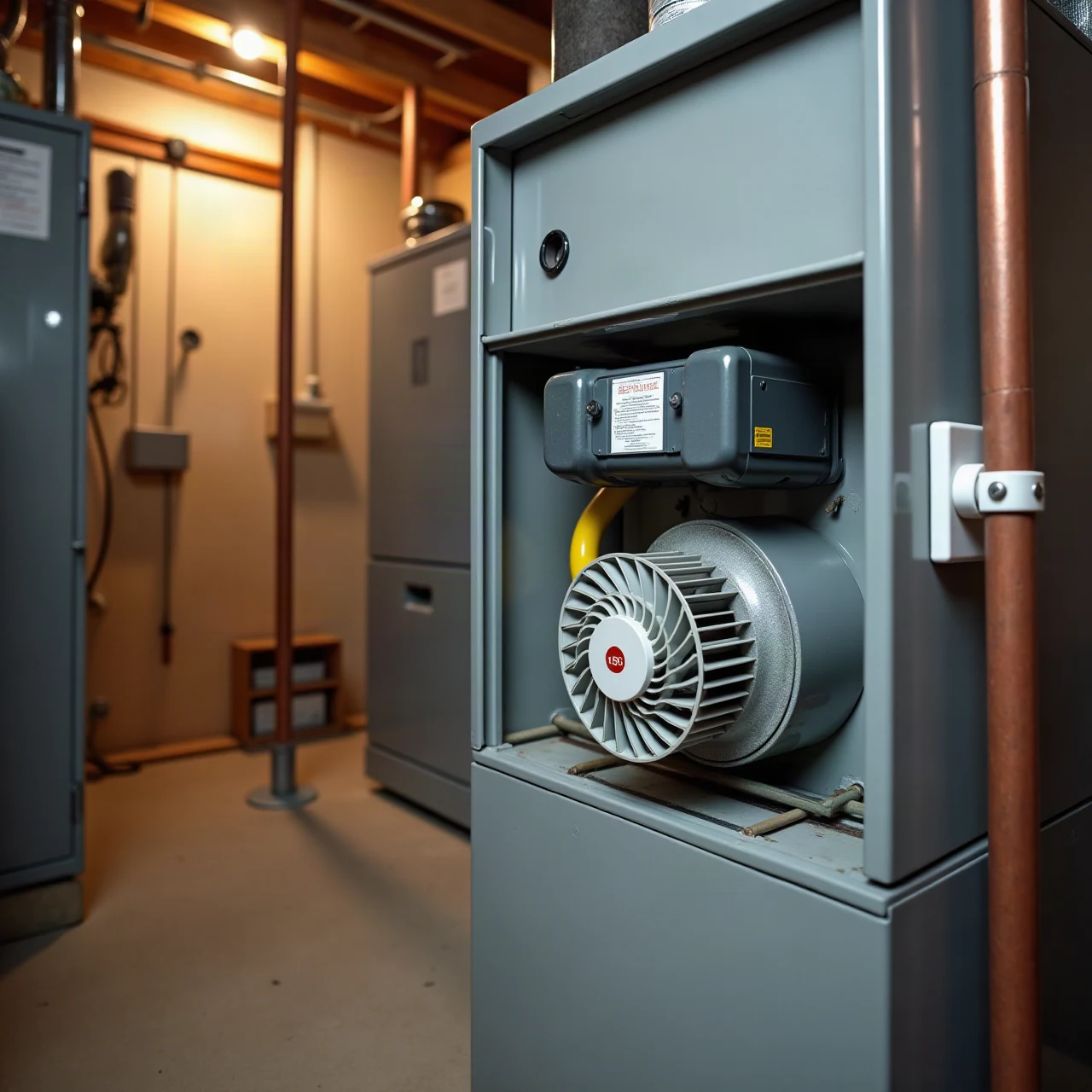Close photograph of a clean modern residential gas furnace in a tidy basement utility room, front panel open showing blower and burners, soft natural light, no