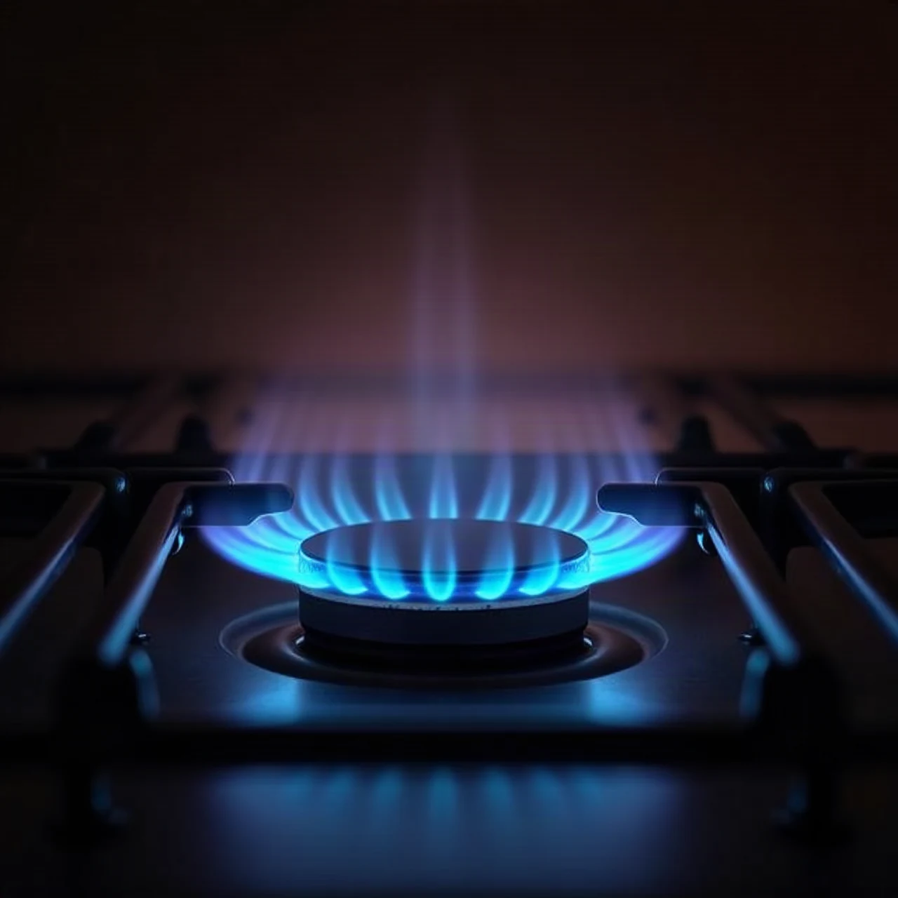 Close-up photograph of blue gas burner flames inside a residential furnace, warm dark metal surroundings, no text or labels