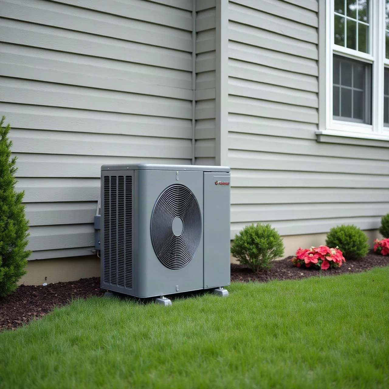 Photograph of a modern residential heat pump outdoor unit beside a light grey sided suburban house in Maryland, green lawn, overcast soft light, no brand names