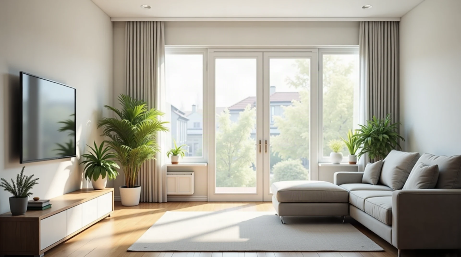 Photograph of a bright, calm, comfortable modern living room in a suburban home with large windows, soft daylight, sofa and plants, a small wall vent visible, n