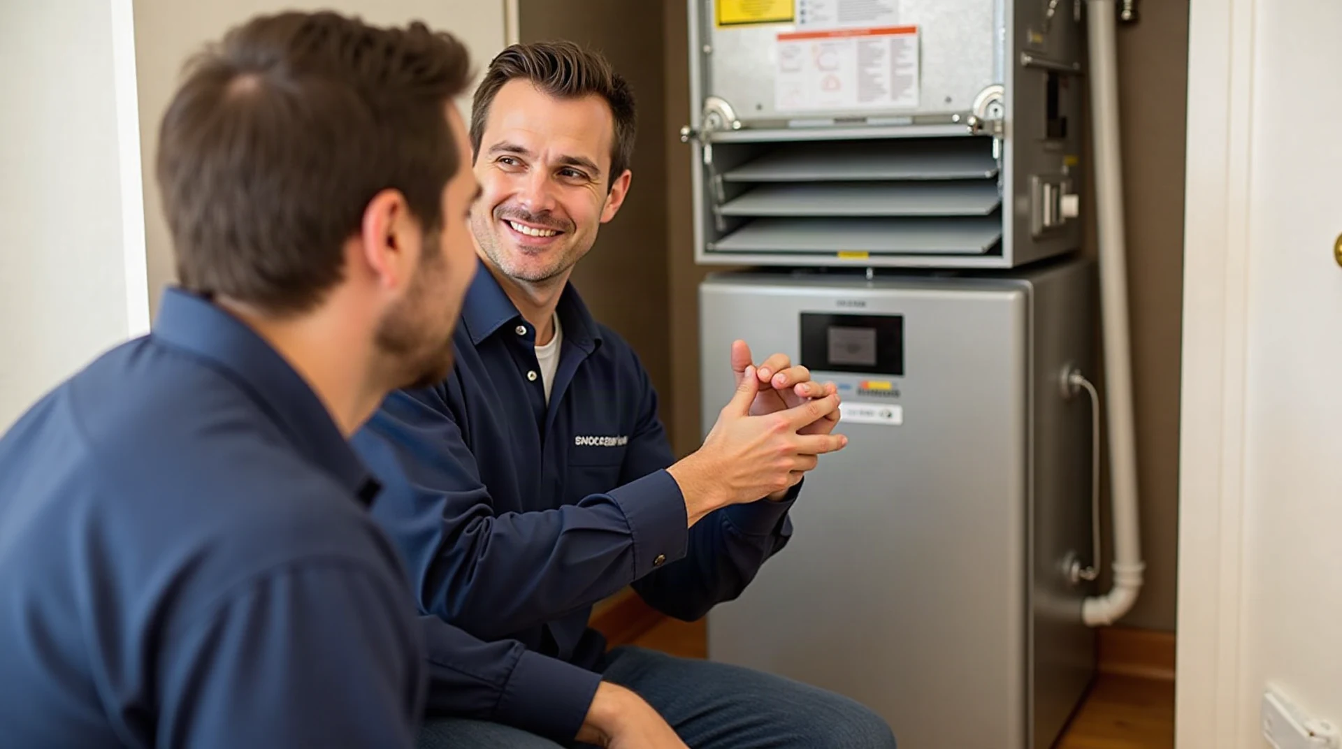 Photograph of an HVAC technician in a plain navy work shirt kneeling beside an open indoor air handler in a home utility closet, explaining to a homeowner, cand