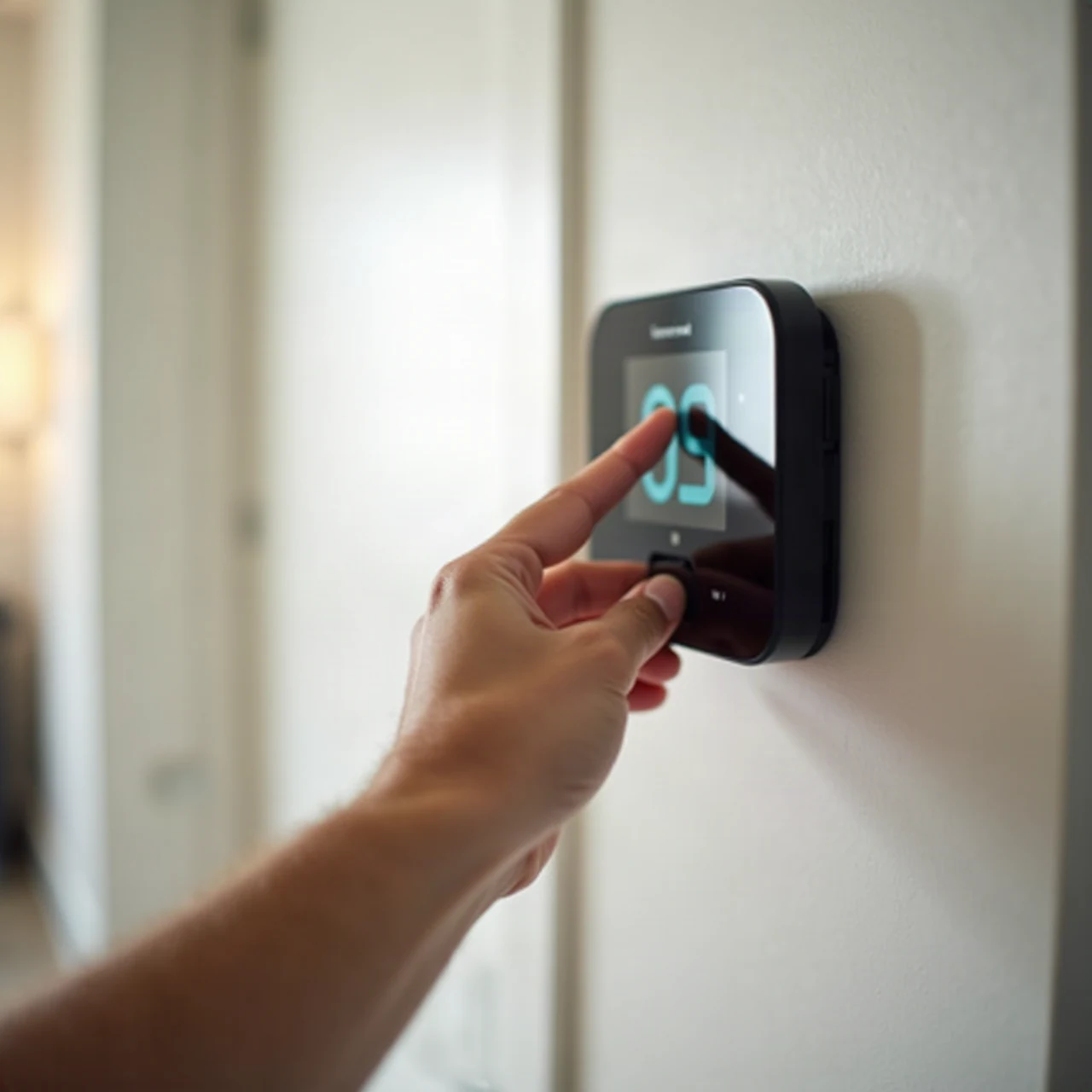 Close photograph of a hand adjusting a sleek wall-mounted smart thermostat in a bright modern home hallway, display blurred and unreadable, no text, shallow dep