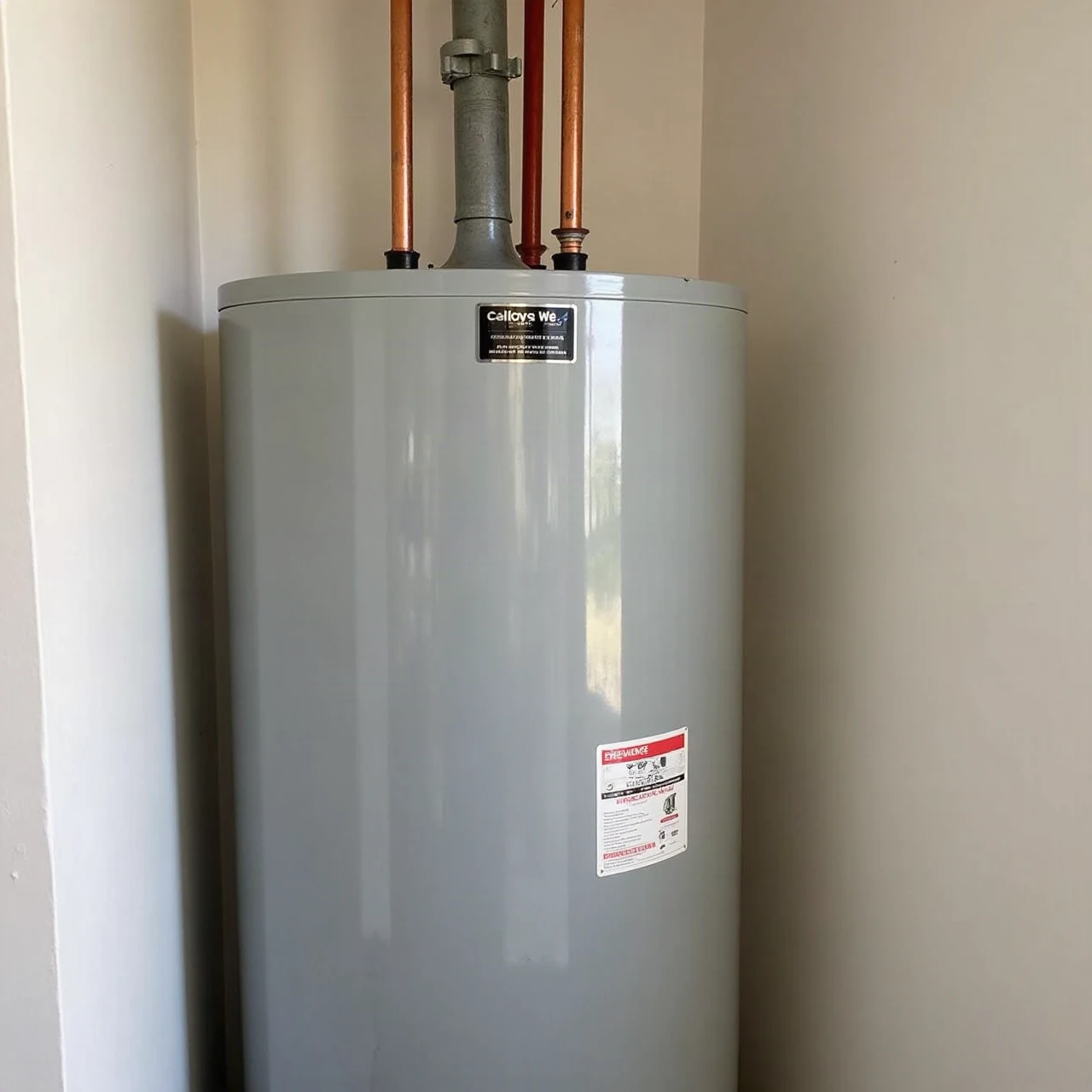 Photograph of a clean residential tank water heater with copper pipes in a bright utility room, no labels or text visible